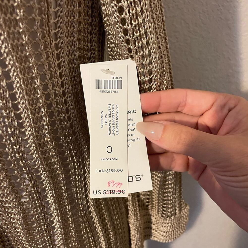 NEW Chico's Beige Fringe Open-Front Cardigan knit sweater size 0 - Picture 6 of 9